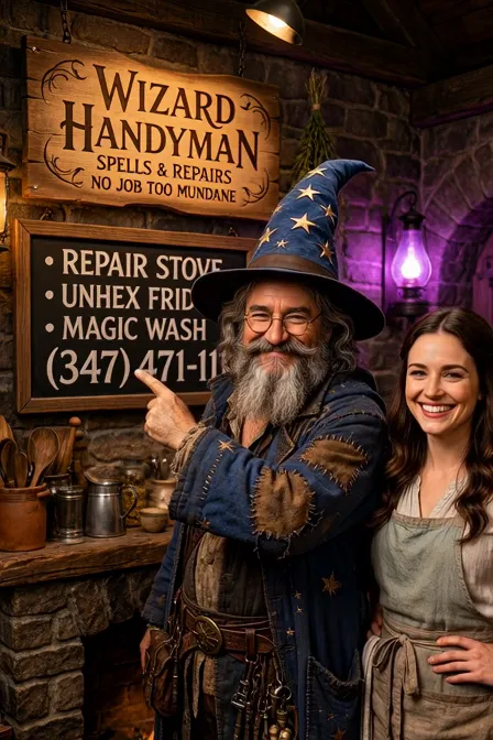 The Wizard Handyman shop sign reading Spells and Repairs, No Job Too Mundane, above a board listing repair stove, unhex fridge, magic wash, and the phone number.